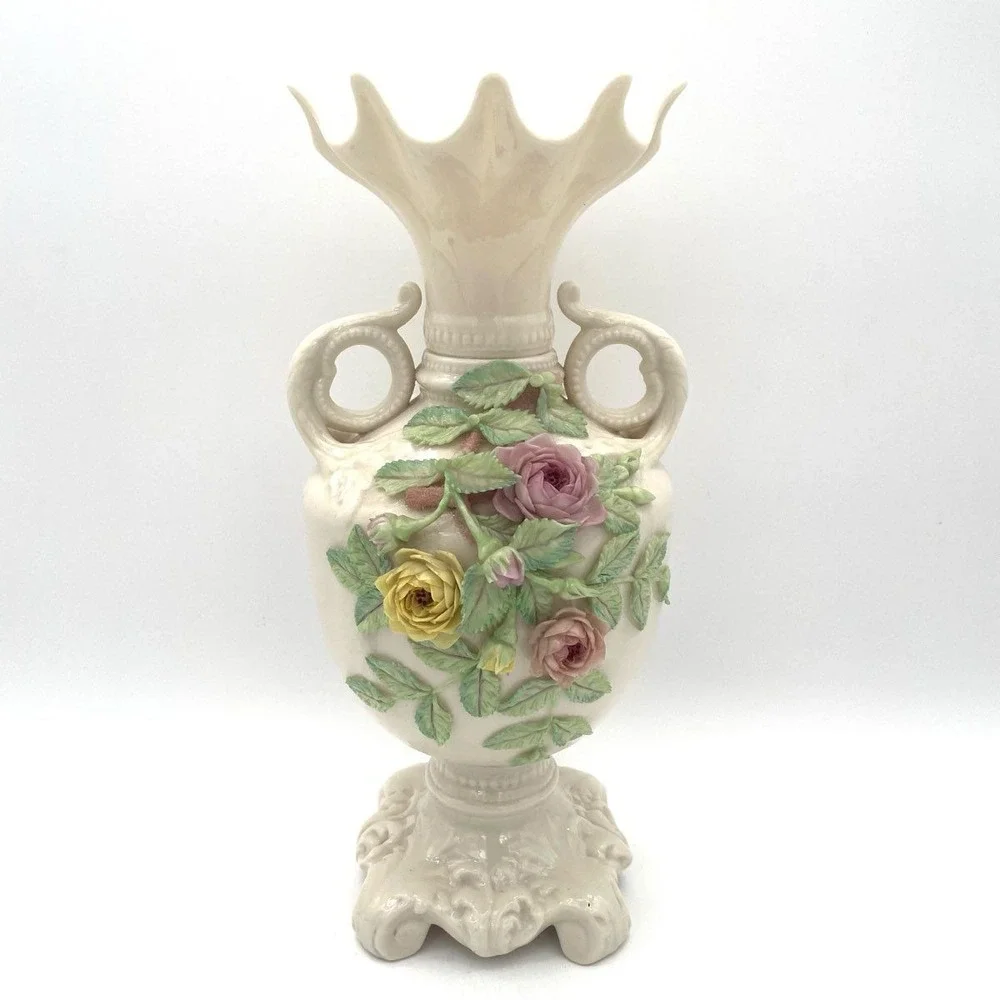Belleek Ireland Parian China Vase Encrusted 3D Floral Roses 12.5